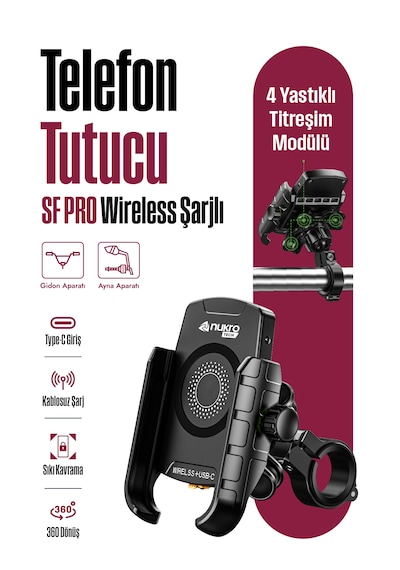 Sf Pro 4 Yastıklı Titreşim Modüllü Motosiklet Telefon Tutucu 15w Kablosuz Şarj & Usb-c Hızlı Şarj Siyah