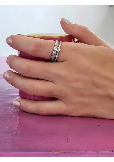 Eva Takı Store İki Sıralı Sedefli Kalp Tam Tur Model Taş Model Ayarlanabilir Silver Renk Çelik Yüzük Silver