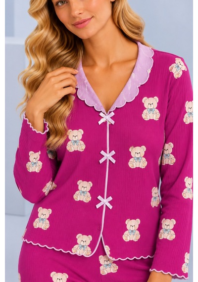 Pijamask Kadın Desenli Fiyonk Detaylı Düğmeli Uzun Kollu Müslin Pijama Takımı Fuşya-9