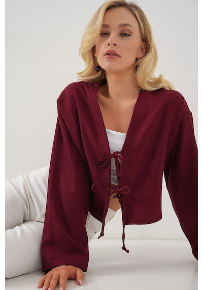 Hiccup Bdart Keten Karışımlı Bağlama Detaylı Uzun Kollu Kimono Bordo - Kırmızı