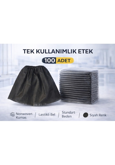 Tek Kullanımlık Etek 100 Adet Nonwoven Kumaş Siyah Lastikli Bel Standart Beden