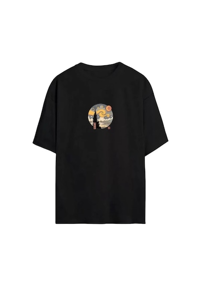 Unisex Günlük Stil Gece Siyahı Doğal Dokulu Pamuklu Oversize Tişö Siyah