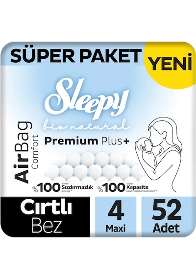 Sleepy Bio Natural Premium Plus Airbag Comfort Süper Paket Bebek Bezi 4 Numara Maxi 52 Adet