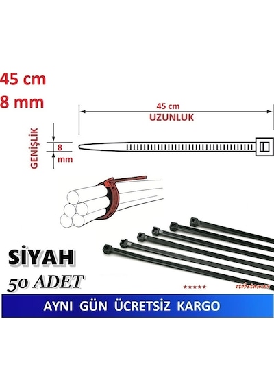 50 Adet 45Cm X 8Mm Plastik Cırt Kelepçe Kablo Bağı Siyah