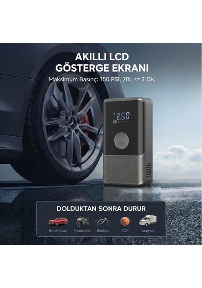Bike Sky 10.000mah Dijital Ekranlı Araba Akü Takviye'li Kompresör Araç Lastik Şişirme Hava Pompası - 150psı