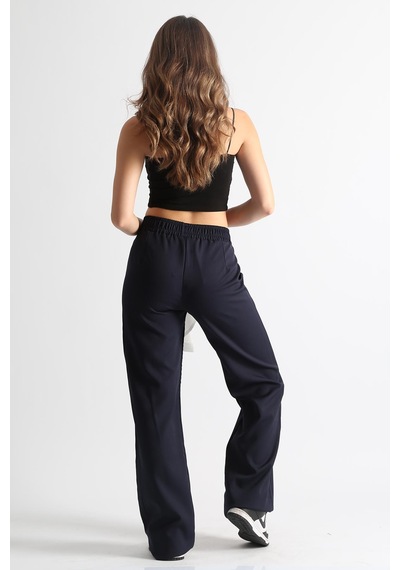 Dokuma Siyah Geniş Paça Beli Lastikli Basic Uzun Kadın Pantolon Sh191 S