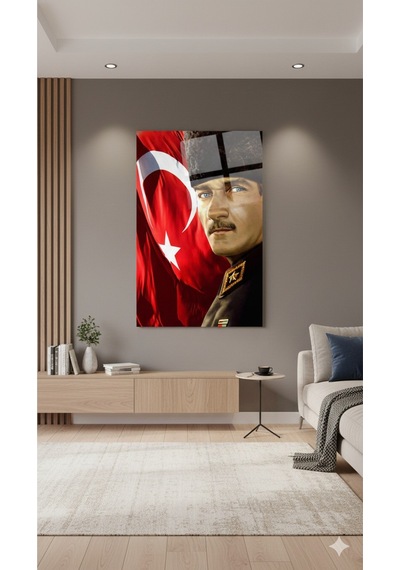 Gazi Mustafa Kemal Atatürk Portresi Türk Bayrağı Temalı Cam Tablo