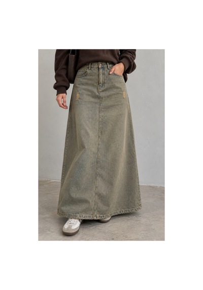 Vellichor Vintage Eskitme Nakışlı Uzun Kot Etek Çok Renkli