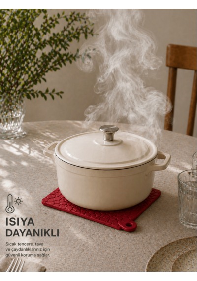2'li Silikon Nihale Taş Model Görünüm Isıya Dayanıklı Yanmaz Yapışmaz Tencere Çaydanlık Altlığı Mutfak Aksesuarı Antrasit Kırmızı
