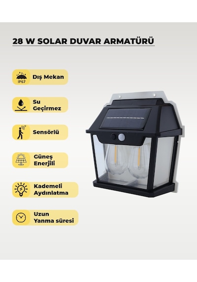 28w Dekoratif Çift Ampullü Solar Aplik 3200k Sarı Işık 1 ADET