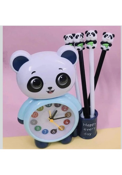 Panda Tasarımlı Saat Kalemlik Kızlar Ve Erkekler İçin Yatak Odaları Ve Oyun Odaları Saati Mavi