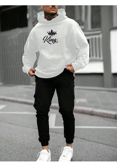 King Taç Eşofman Takımı Beyaz Sweatshirt Siyah Jogger - Baskılı Oversize Şardonlu Kapüşonlu Beyaz King Taç Eşofman Takımı Beyaz Sweatshirt Siyah Jogger - Baskılı Oversize Şardonlu Kapüşonlu Beyaz