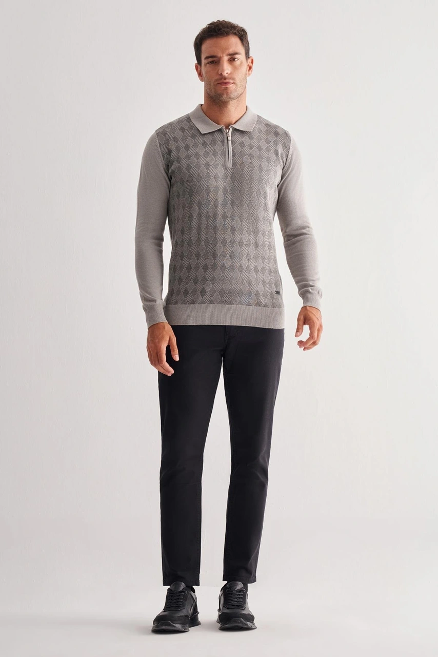 Açık Gri Fermuarlı Polo Yaka Uzun Kol Cepsiz Comfort Fit Pamuklu Triko Kazak 1012255223 Açık Gri