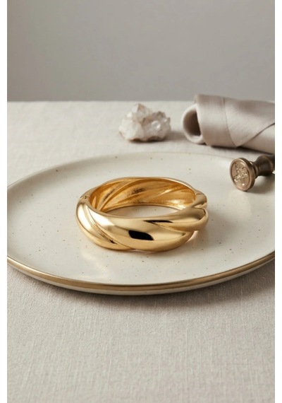 Gold Renk Pirinç Sarmal Model Vintage Kalın Kelepçe Bilezik Altın