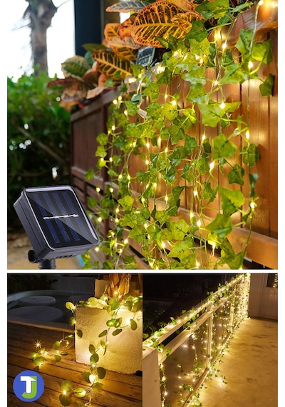 Technojet Solar Dekoratif Yapay Yaprak Sarmaşık 50 Ledli 5 Metre Güneş Enerjili Bahçe Balkon Dekoru Gün Işığı