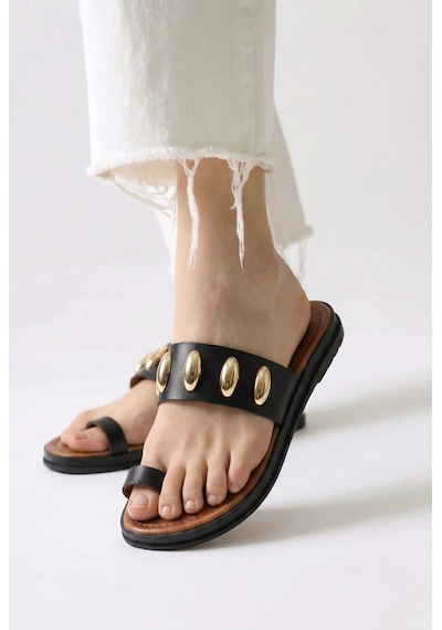 Giamgia Store Giamgia Kadın Siyah Altın Zımbalı Düz Parmak Arası Terlik-2403