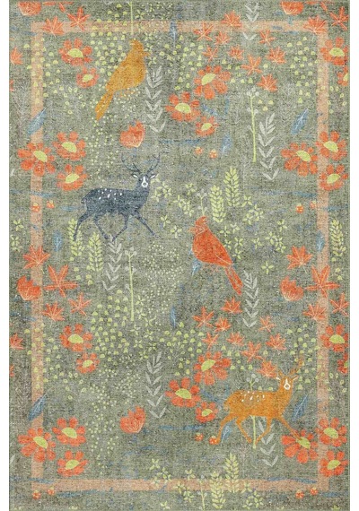 Artloop Florart Zeytin Yeşili / Turuncu Doğa Temalı Çiçekli Dokuma Tabanlı Modern Şönil Halı Al 483