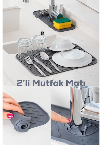 İsgstore 2 Li Çok Amaçlı Silikon Kaydırmaz Süngerlik Musluk Bulaşık Kurutma Matı Antrasit Diğer