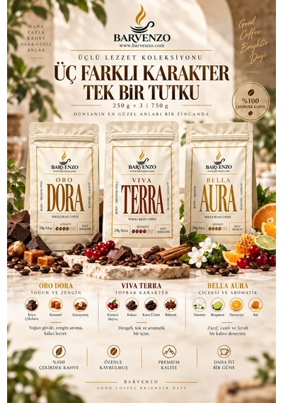 Barvenzo Üçlü Lezzet Serisi 250 G 3 Oro Dora + Viva Terra + Bella Aura Moka Pot