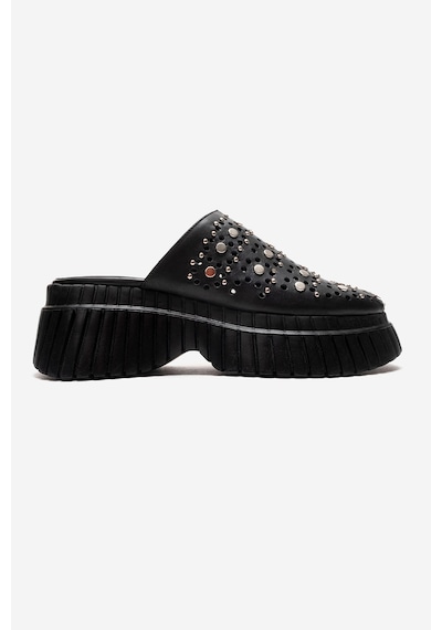 Luvishoes Harlow Siyah Cilt Hakiki Deri Troklu Kadın Dolgu Tabanlı Terlik