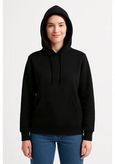 Primemagazam Kadın 3 İplik Pamuklu Kapüşonlu Kanguru Cepli Sweatshirt Hoodie - Siyah Çeşitli