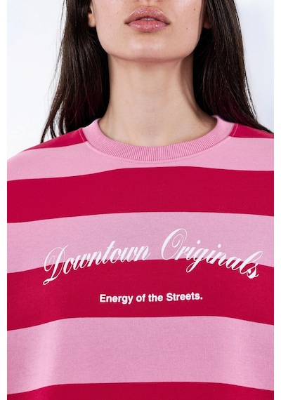 Hiccup %100 Pamuk Oversize Çizgili Sweatshirt Kırmızı
