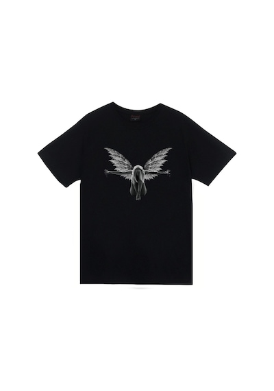 Melek Baskılı Unisex %100 Pamuk Siyah T-shirt SIYAH