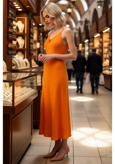 Benerly Kadın İnce Askılı V Yaka Dokulu Bodycon Maxi Elbise Astarsız Raha Turuncu