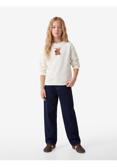 Koton Köpek Nakışlı Bisiklet Yaka Uzun Kollu Sweatshirt Ekru 7wkg10641ak