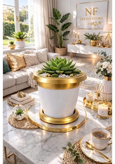 Nf Gold Bilezikli 1.7 Litre Dekoratif Plastik Saksı Beyaz