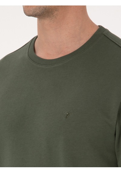 Haki Regular Fit %100 Pamuk 3 İplik Bisiklet Yaka Sweatshirt Yeşil