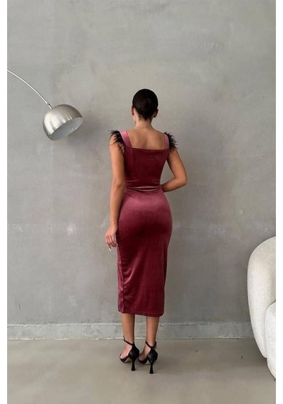 DefyModa Kadın Zarif Kadife Kumaş Kare Yaka Askılı Abiye Elbise Gülkurusu