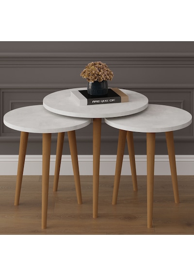 Asra Trend 3'lü Yuvarlak Zigon Sehpa Takımı SEHPA01 %100 MDF Ahşap Ayaklı Retro Taş
