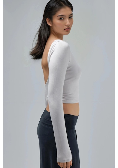 Hiccup Busem Sırt Dekolteli Slim Fit Kısa Bluz Taş Doğal