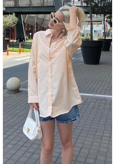 Madmext Sarı Çizgili Over Fit Gömlek Mg1525 Sarı