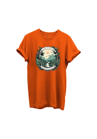 Tropikal Orman Ve Dağ Manzaralı Hunting Doğa Temalı %100 Pamuk Regular Fit Unisex T-shirt Turuncu
