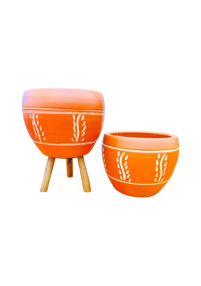 BİTKİ TASARIMI EV DEKORASYON NAKIŞ DESENLİ TERRAKOTA TOPRAK SAKSI SAKSILIK SALON ÇİÇEKLİK İKİLİ SET AYAKSIZ - 3 AYAKLI- 15 CM