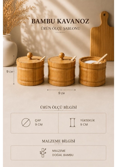 Bambu Baharatlık Seti 3'lü Kaşıklı Kapaklı Tuzluk Çay Şekerlik Kahve Ve Baharat Saklama Kabı 9x9 Cm