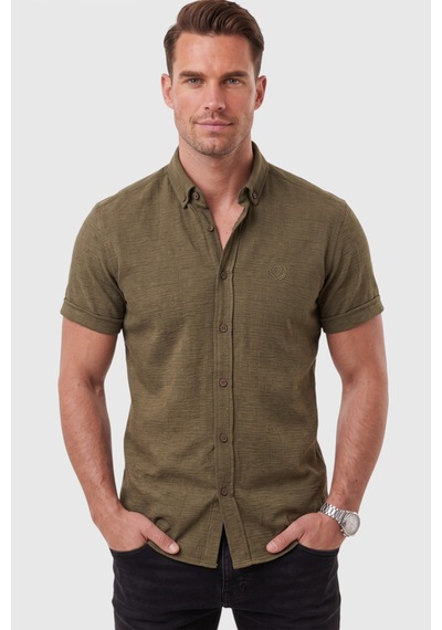 Rizzup Erkek Slim Fit Likralı Jakar Dokulu Haki Kısa Kol Gömlek Esnek Nakış Armalı 2604356