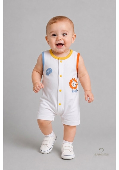Babyden's Erkek Bebek Tulum Yazlık Pamuklu Şortlu Çıtçıtlı Aslan Baskılı Bebek Tulumu Yenidoğan Bebek Giyim 0-9 Ay Beyaz
