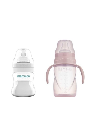 Mamajoo Antikolik Biberon 150 ml & Antikolik Akıtmaz Alıştırma Bardağı 270 ml – Powder Pink