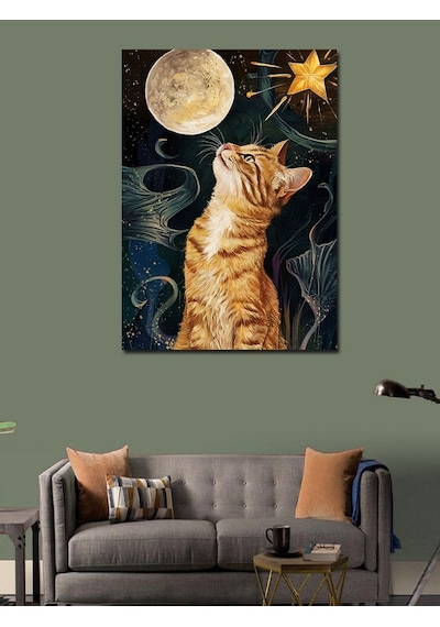 Kanvas Tablo Dolunay Ve Sarı Kedi 100cmx140cm