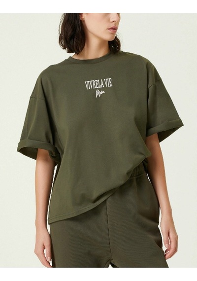 Flood Of Style Unisex Haki Vivre La Vie Baskılı Oversize Bisiklet Yaka Penye Tişört