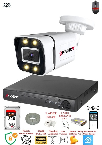 Fury 1 Kameralı 1080p Görüntü Gece Renkli-su Geçirmez Full Hd Ultra Led Güvenlik Kamerası Seti 320gb