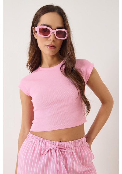 Shade Kadın Bisiklet Yaka Kısa Kollu Basic Kaşkorse Crop Top T-shirt 60602044 - Pembe
