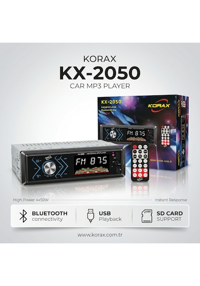 Korax Kx-2050 Spektrum Ekranlı Bluetooth Oto Teyp Mosfet 4x50w Ses Çıkışı Single-dın Mp3 Çalar