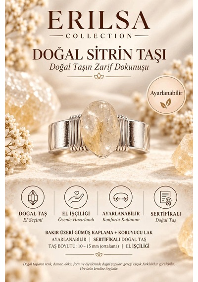 Sertifikalı Doğal Sitrin Taşı Ayarlanabilir El İşçiliği Gümüş Ren Çok renkli