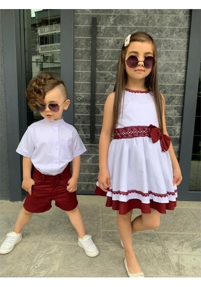 Modavals Kardeş Kombin Keten Şortlu Erkek Çocuk Takım Bordo