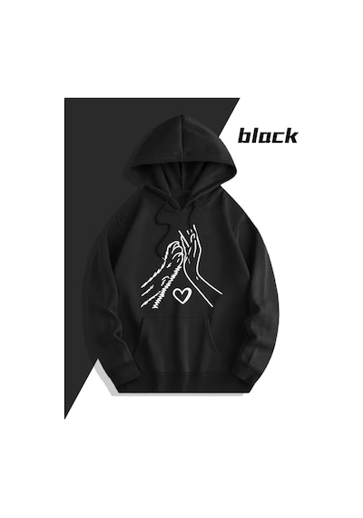 Nevermind Sevgili Çift Kombin Hoodie Set Kalp Ve Eller Baskılı Unisex Overs Siyah