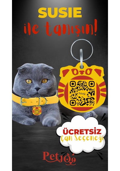 Petjoo 3.Susie Kırmızı-Sarı Qr'lı Kedi Künyesi